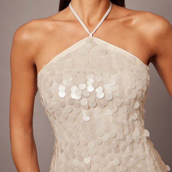 White Sequin Spaghetti Strap Women's Cocktail Dress - Picture 6 of 7